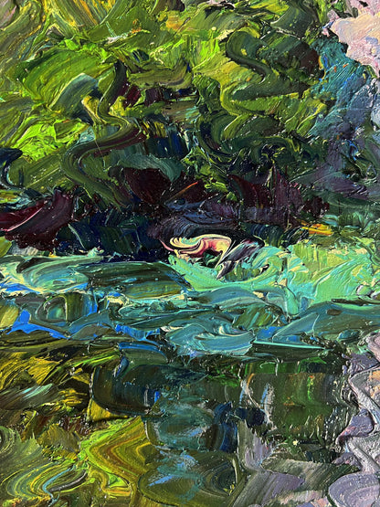 Oil painting Quiet daytime river by Boris Serdyuk, vibrant green blue purple abstract