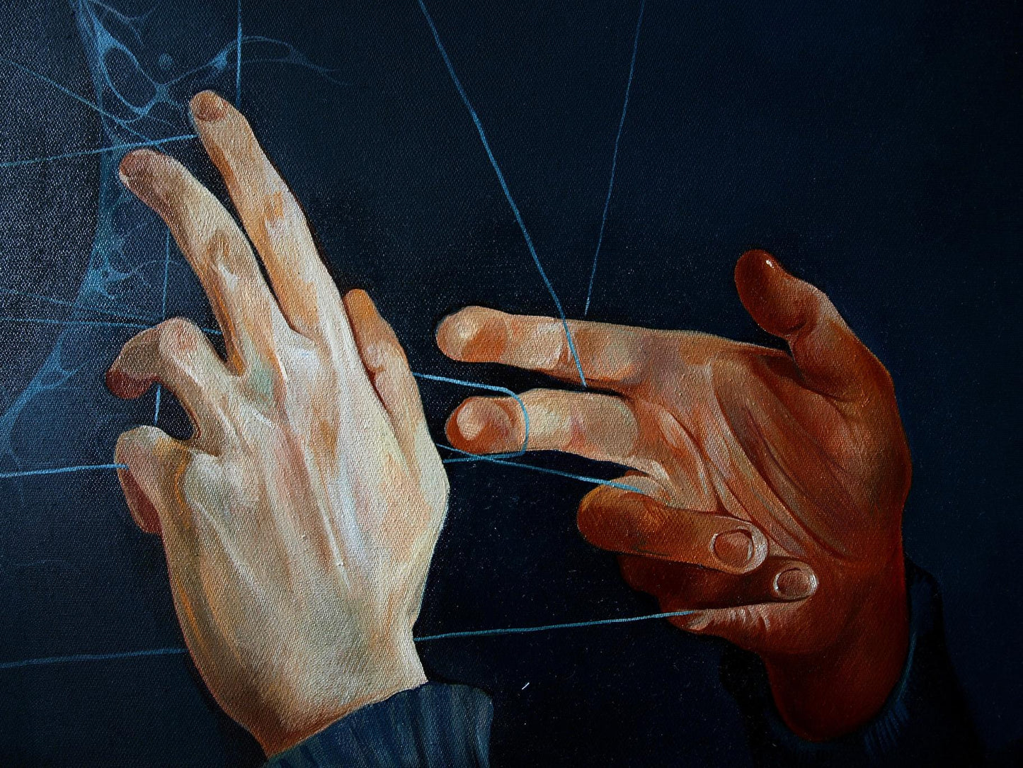 Oil painting by Gemarmen Konsta G. Amelinn: two hands with blue threads