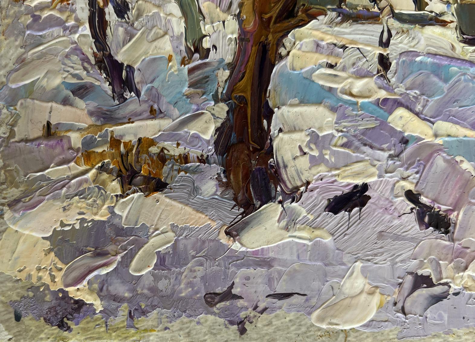 Textured impasto oil painting of crows in trees by Oksana Ivanyuk