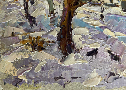 Textured impasto oil painting of crows in trees by Oksana Ivanyuk