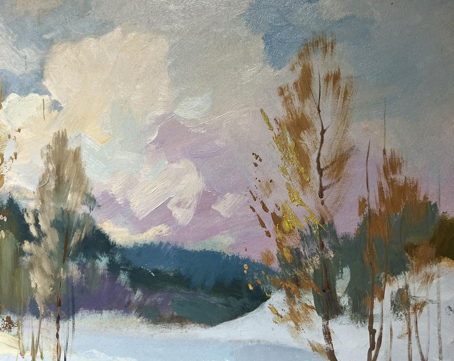 Oil painting Winter Breeze in the Forest by Yuriy Suprunchuk impressionistic winter landscape