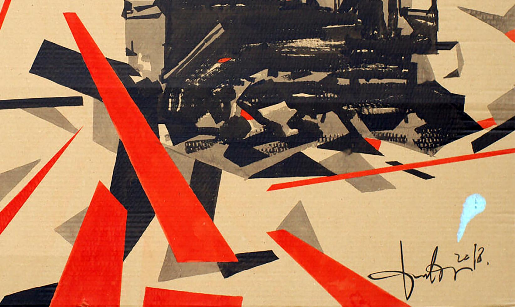 Abstract acrylic painting Constructions by Dima Filatov with red black gray geometric shapes
