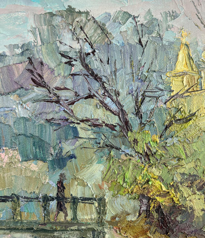 Oil painting Morning by Boris Serdyuk: textured leafy tree in greens, blues, purples