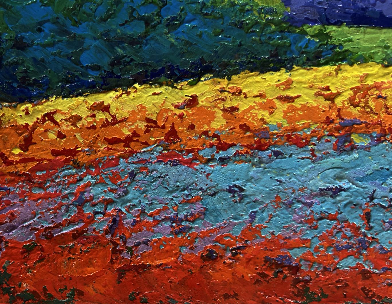 Vibrant oil painting of meadows and forest in sunset glow by V. Zadorozhnya
