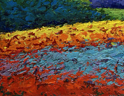 Vibrant oil painting of meadows and forest in sunset glow by V. Zadorozhnya