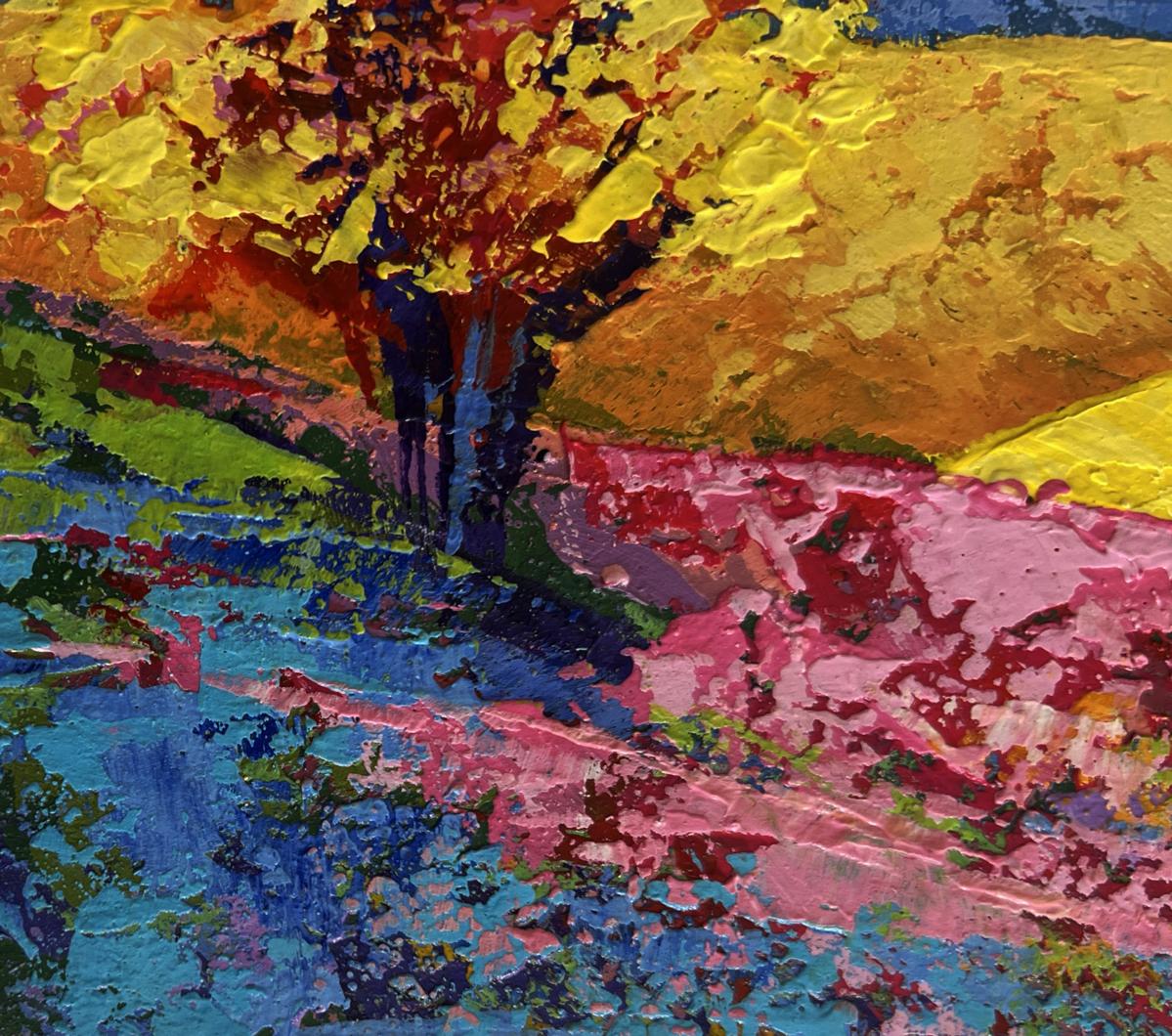 Oil painting Two trees in a field V. Zadorozhnya with vibrant yellow red leaves