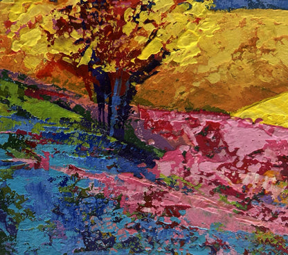 Oil painting Two trees in a field V. Zadorozhnya with vibrant yellow red leaves
