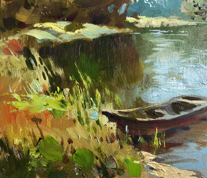 Oil painting of rustic red rowboat in green reflections by Yuriy Suprunchuk