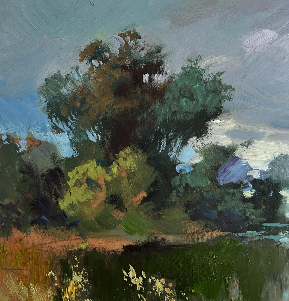 Impressionistic lush tree in Yuriy Suprunchuk oil painting The rain is approaching the river