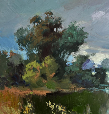 Impressionistic lush tree in Yuriy Suprunchuk oil painting The rain is approaching the river