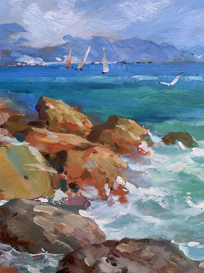Vibrant oil painting by Yuriy Suprunchuk of sea waves crashing on rocks