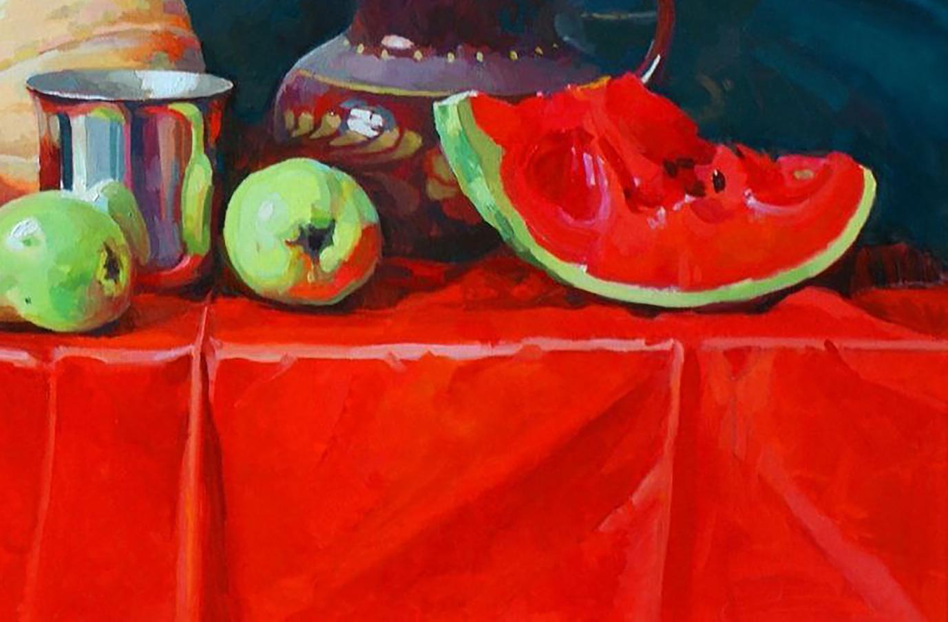 Oil painting of vibrant red watermelon slice by Anastasia Yaroshevich