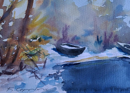 Watercolor painting of snowy morning light with empty rowboat by Boris Serdyuk