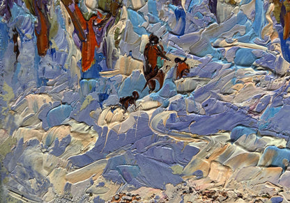Oil painting In the winter forest park by Oleksiy Ivanyuk with blue purple brushstrokes