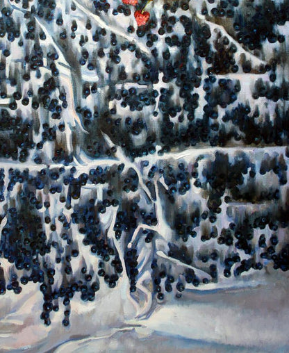 Oil painting by Leonid Pavlenko: blueberries cascading down white tree structure