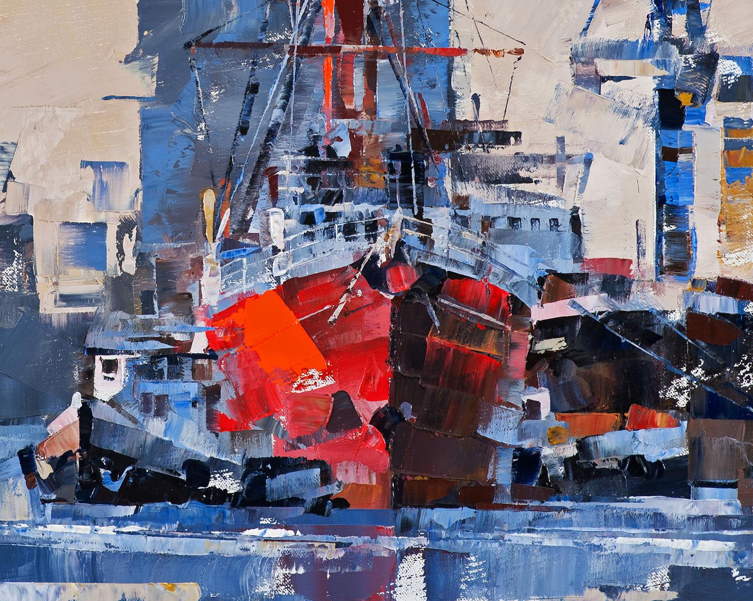 Abstract expressionist oil painting of lighthouse ship return by Volodymyr Gluhomanyuk