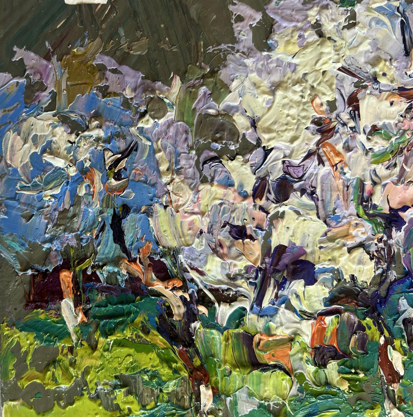 Oil painting The gardens are blooming by Oleksiy Ivanyuk textured blues greens