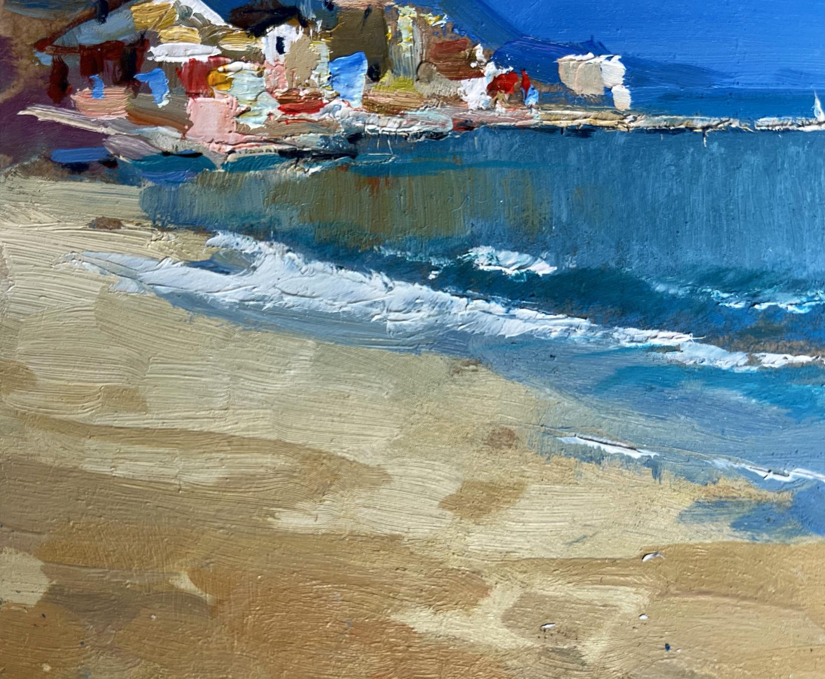 Vibrant impressionist oil painting by Yuriy Suprunchuk of coastal village and sandy shore