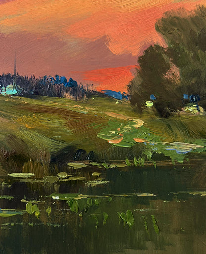 Vibrant impressionist oil painting of orange sunset over river by Yuriy Suprunchuk