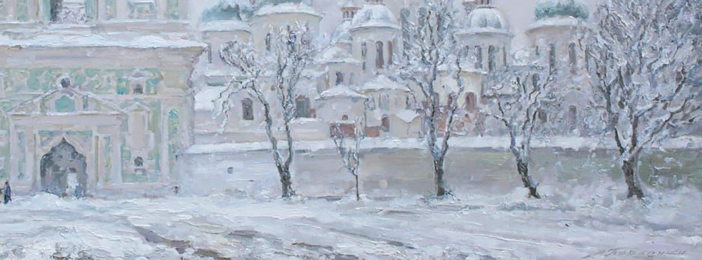 Oil painting by Leonid Pavlenko: Snow-covered church with pale green domes