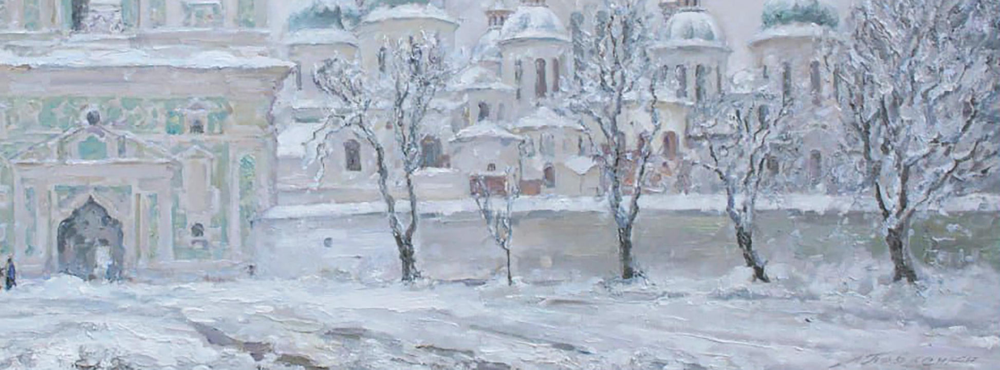 Oil painting by Leonid Pavlenko: Snow-covered church with pale green domes