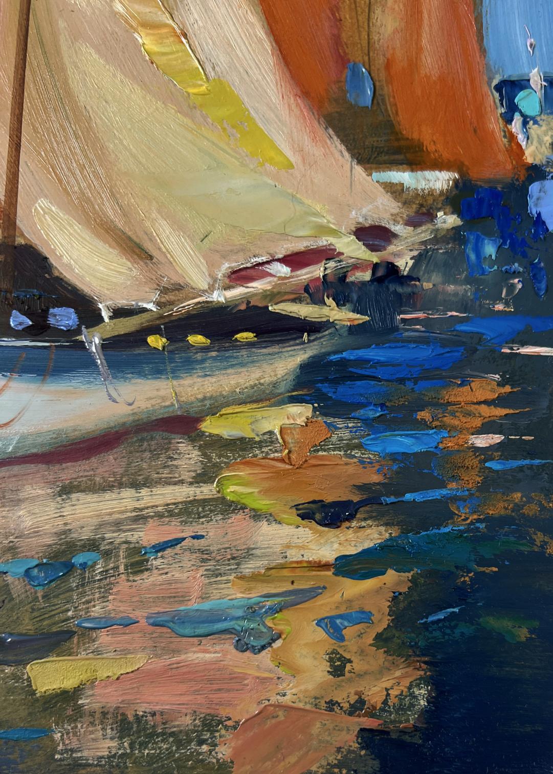 Vibrant impasto oil painting of sailboat full of wind by Yuriy Suprunchuk