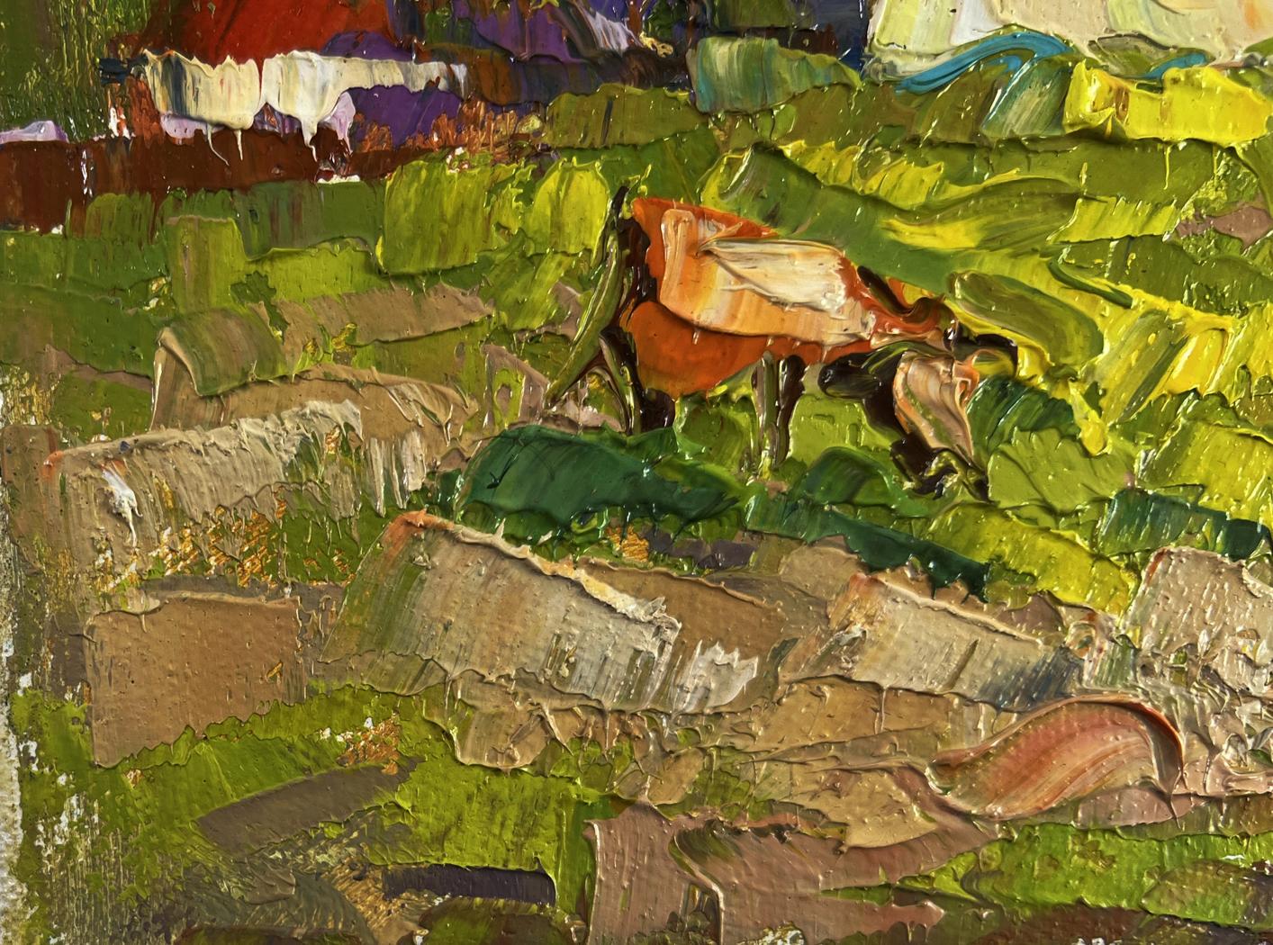Oil painting Quiet evening dreams by Oksana Ivanyuk: reddish-brown cow in lush fields