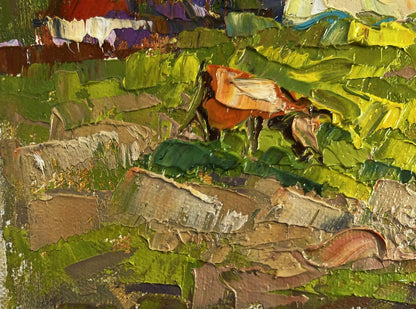 Oil painting Quiet evening dreams by Oksana Ivanyuk: reddish-brown cow in lush fields