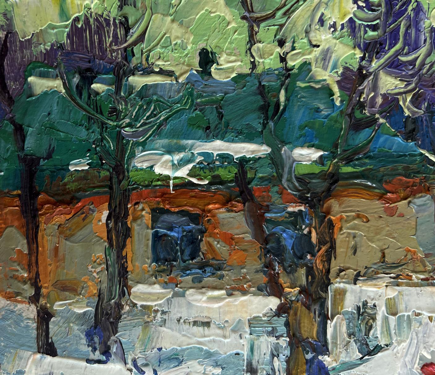 Oil painting of children making snowman by Oksana Ivanyuk with textured landscape