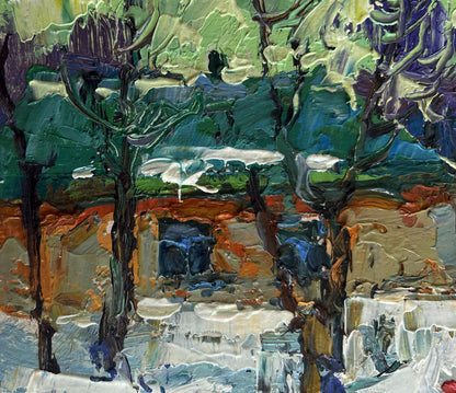 Oil painting of children making snowman by Oksana Ivanyuk with textured landscape