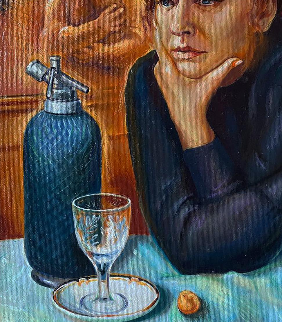 Oil painting After absinthe Natalia Bulat: dark blue glass soda siphon with silver metal top