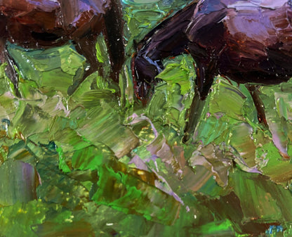 Oil painting by Boris Serdyuk of dark brown horses grazing in green fields