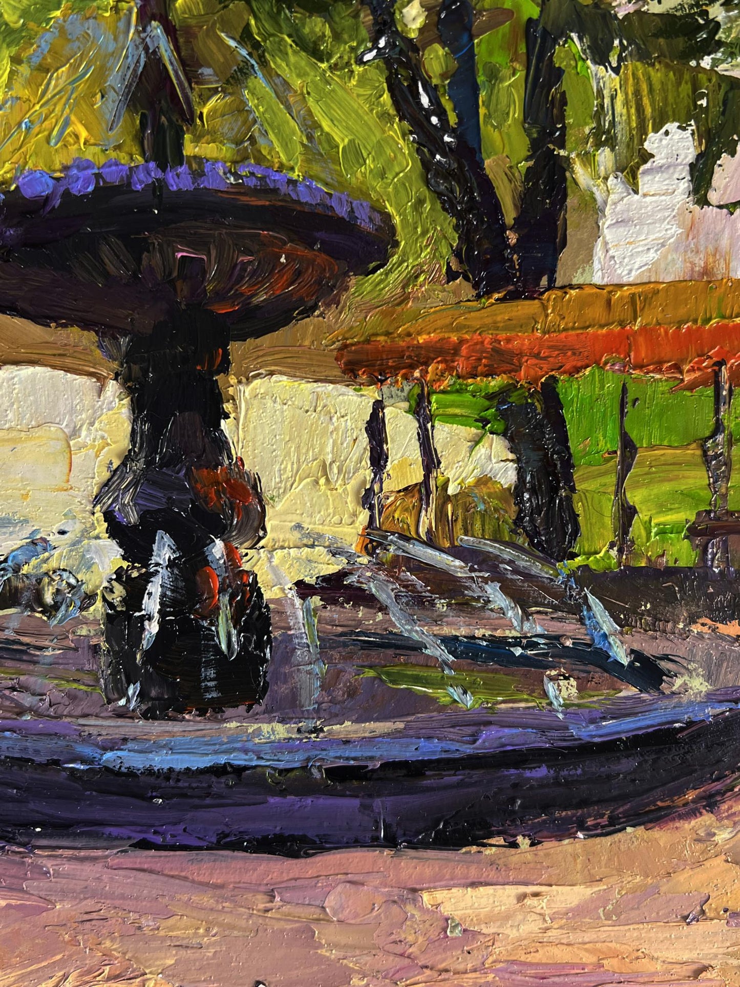 Vibrant impressionistic oil painting of Fountain in the city park by Boris Serdyuk