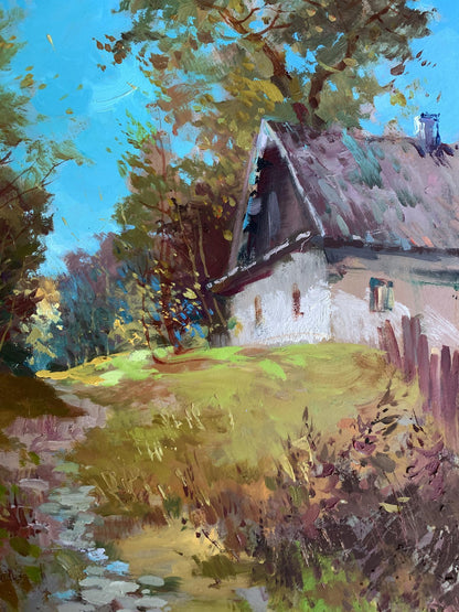 Oil painting by Yuriy Suprunchuk: rustic cottage among green and autumn trees