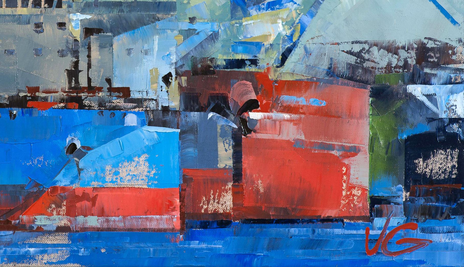 Oil painting Big ships by Volodymyr Gluhomanyuk with bold red blue gray blocks