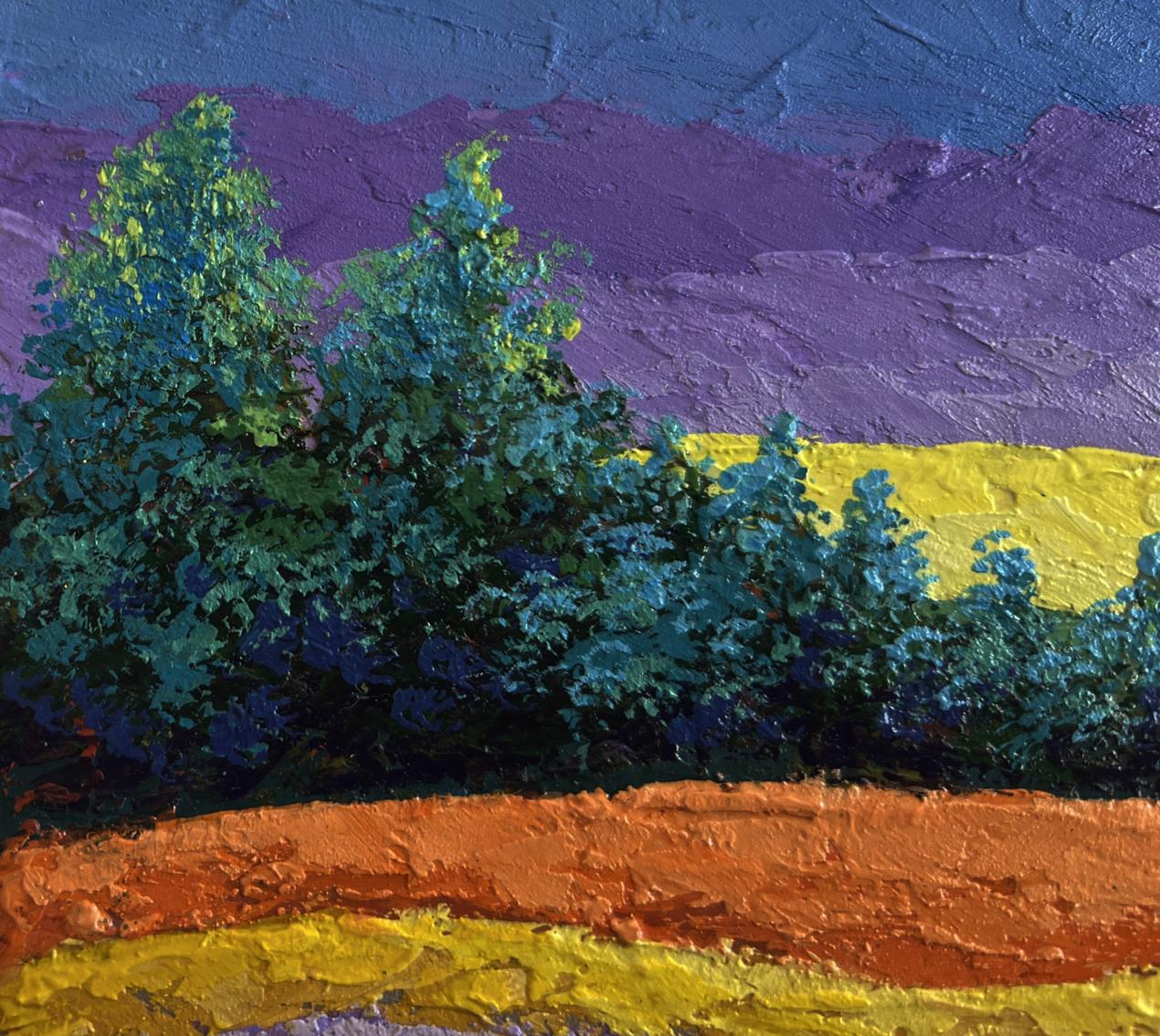 Vibrant impressionist oil painting of meadows and green forest by V. Zadorozhnya