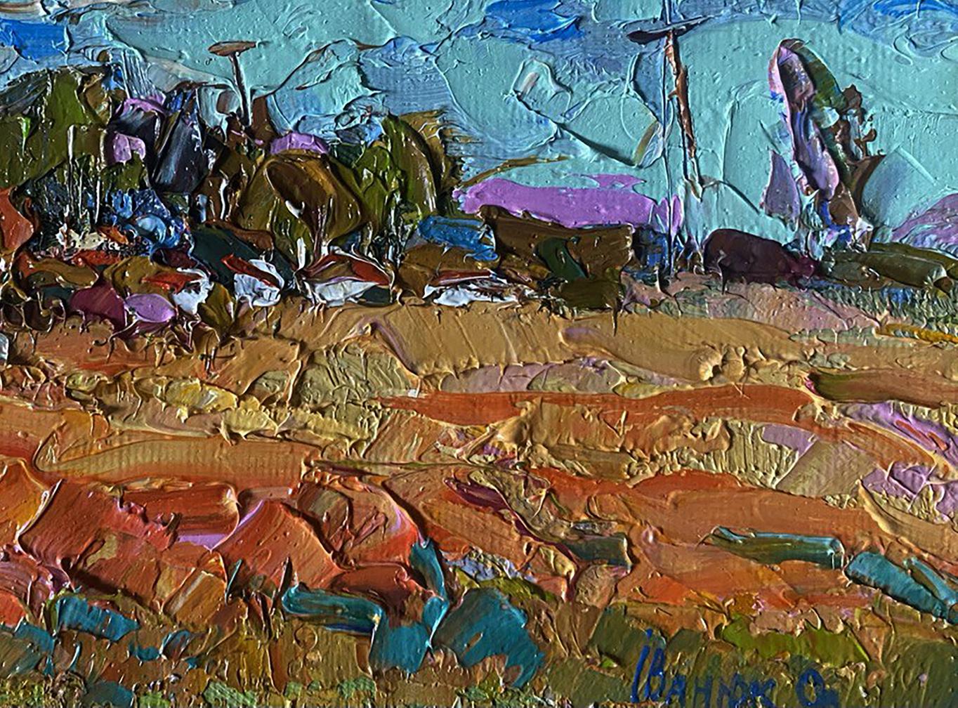 Oil painting Buckwheat stubble by Oleksiy Ivanyuk, vibrant impressionist landscape