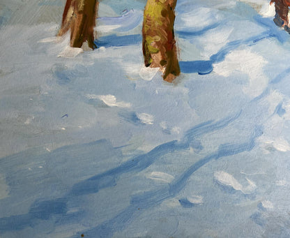 Oil painting Quiet village in winter by Yuriy Suprunchuk, snowy ground and trees