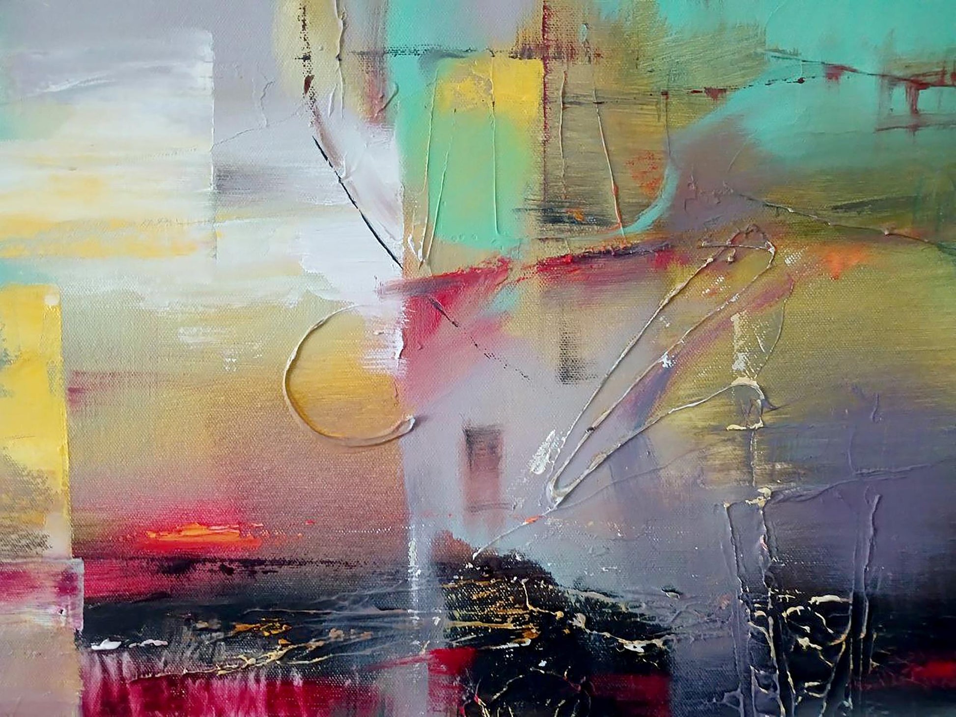 Abstract Evening oil painting by Anatoly Tarabanov in teal yellow red gray