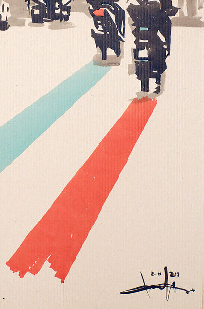 Stylized black silhouettes walking on textured surface in Dima Filatov Rome watercolor painting