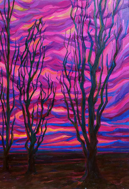 Vibrant Glow oil painting by Leonid Pavlenko: bare trees against swirling pink sky