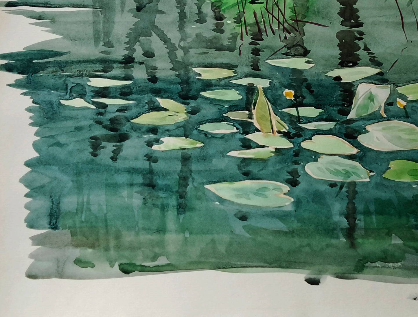 Watercolor lily pads and yellow flowers on reflective pond by Vitaly Duhnevich
