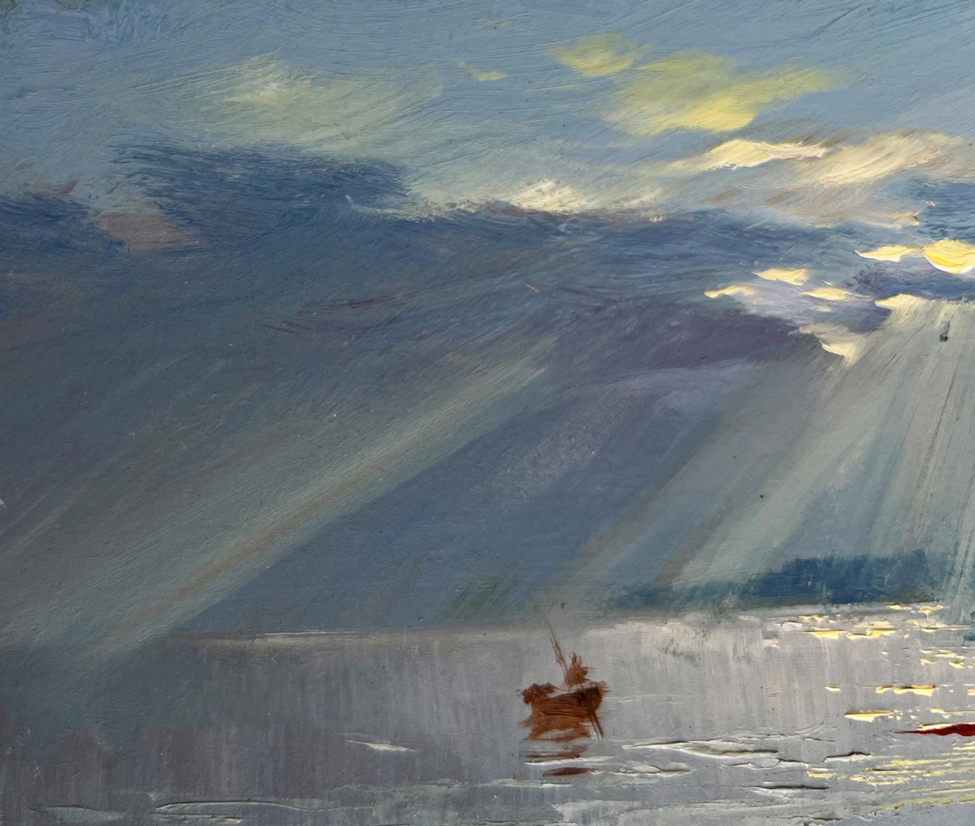 Oil painting by Yuriy Suprunchuk: small brown boat on calm water under sun rays through clouds