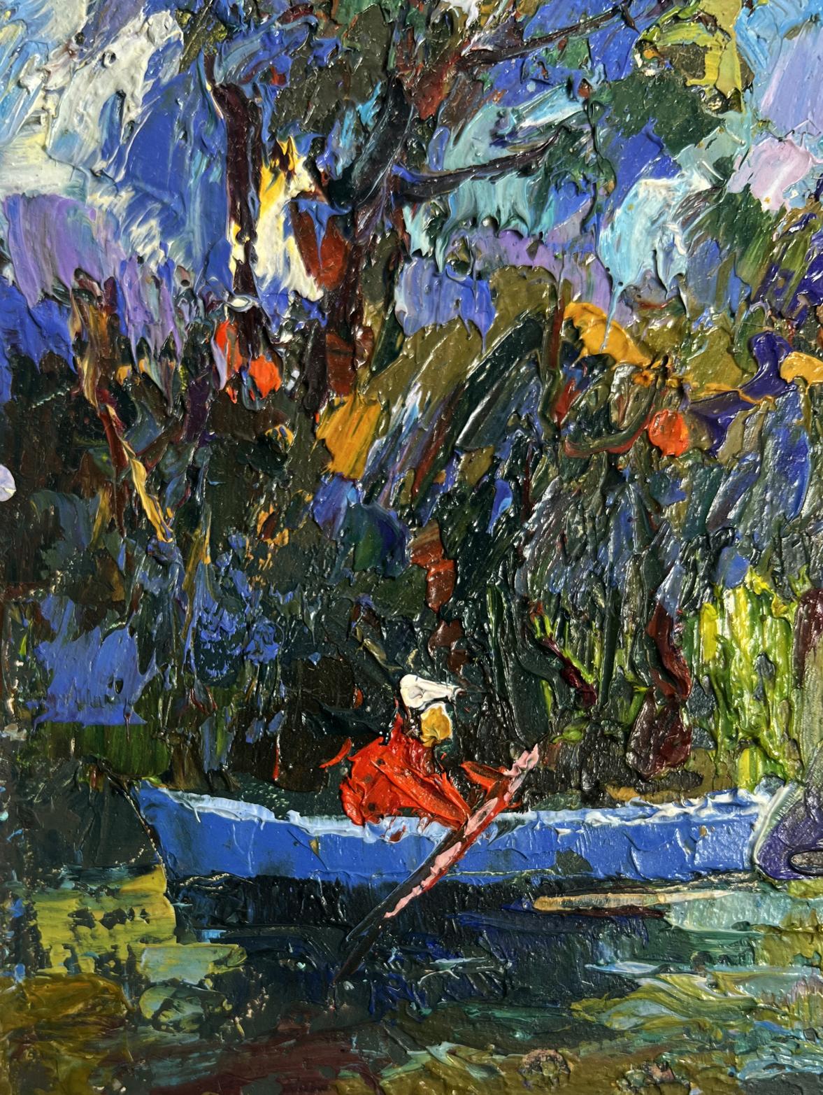 Oil painting Early morning on a boat by Oleksiy Ivanyuk vibrant impressionist blue boat scene