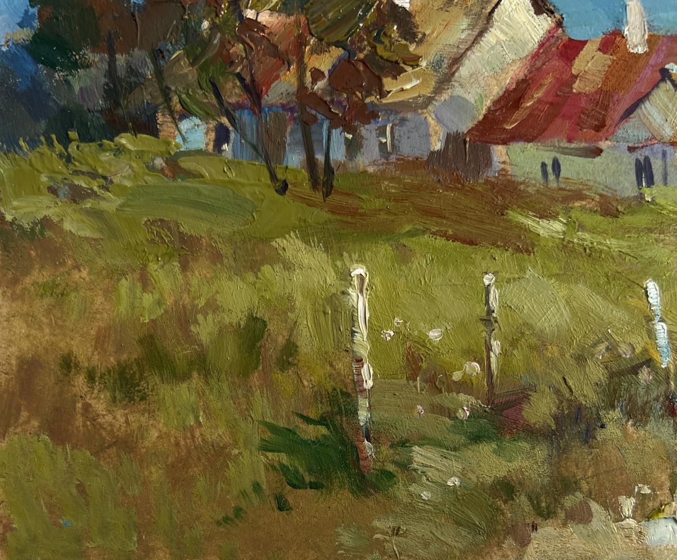Rustic oil painting of houses in forest by Yuriy Suprunchuk