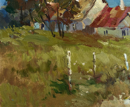 Rustic oil painting of houses in forest by Yuriy Suprunchuk