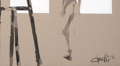 Minimalist monochrome acrylic painting of model in studio by Dima Filatov