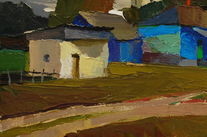 Oil painting of rural village under gloomy gray sky by Egor Shvachunov