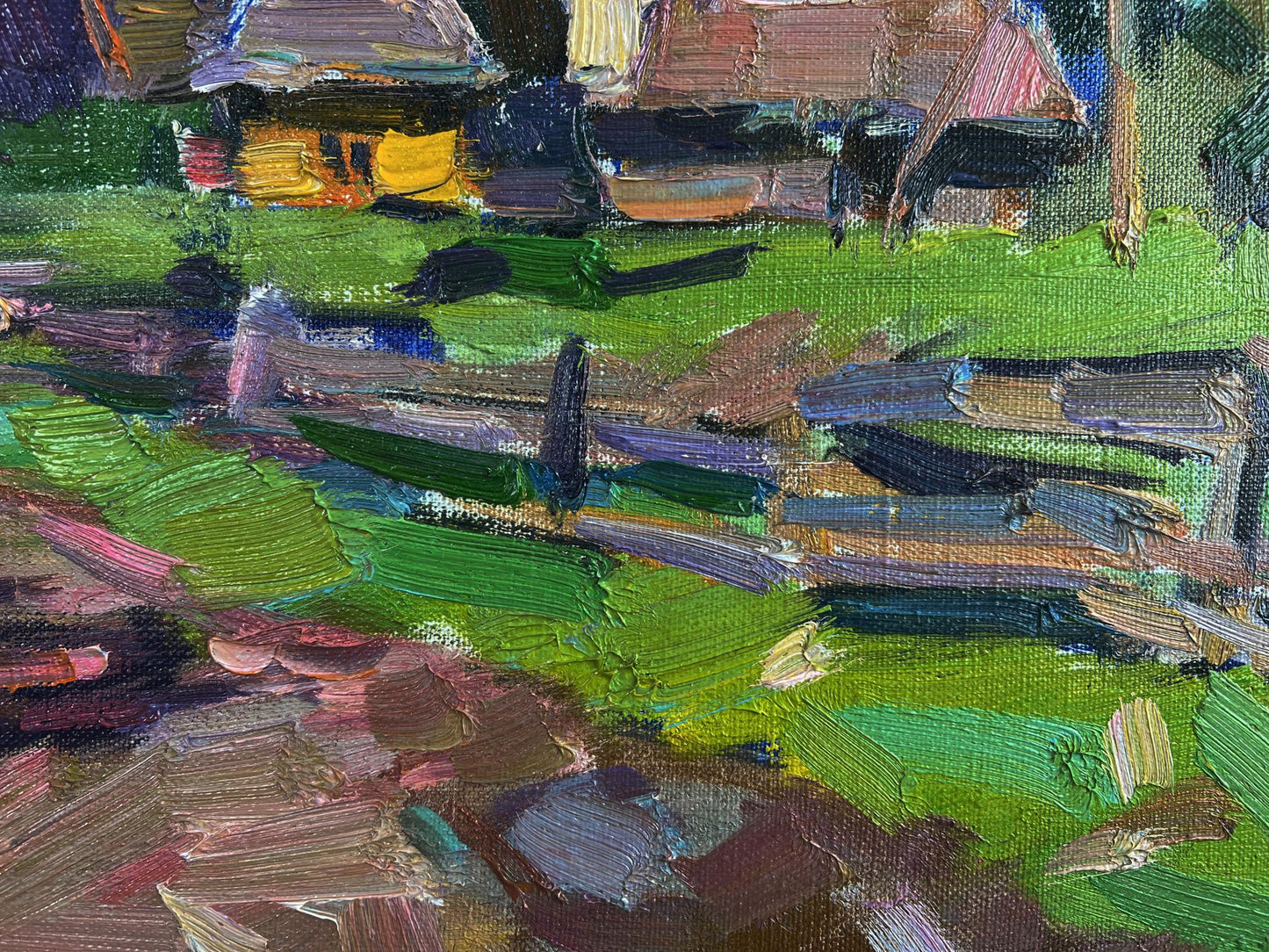 Vibrant impressionist oil painting of mountains above village by Vyacheslav Pereta