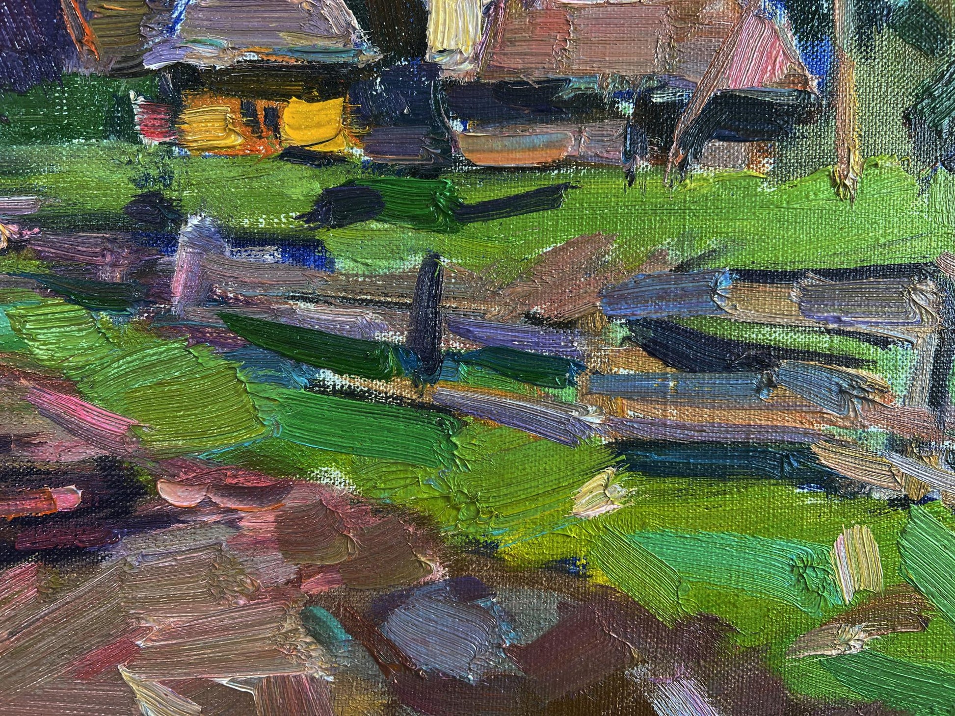 Vibrant impressionist oil painting of mountains above village by Vyacheslav Pereta